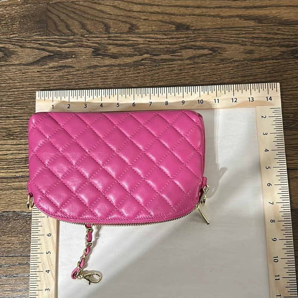 New Pink Persaman NY Genuine Leather 3 Pocket Zip Magnetic Chain Crossbody Bag
